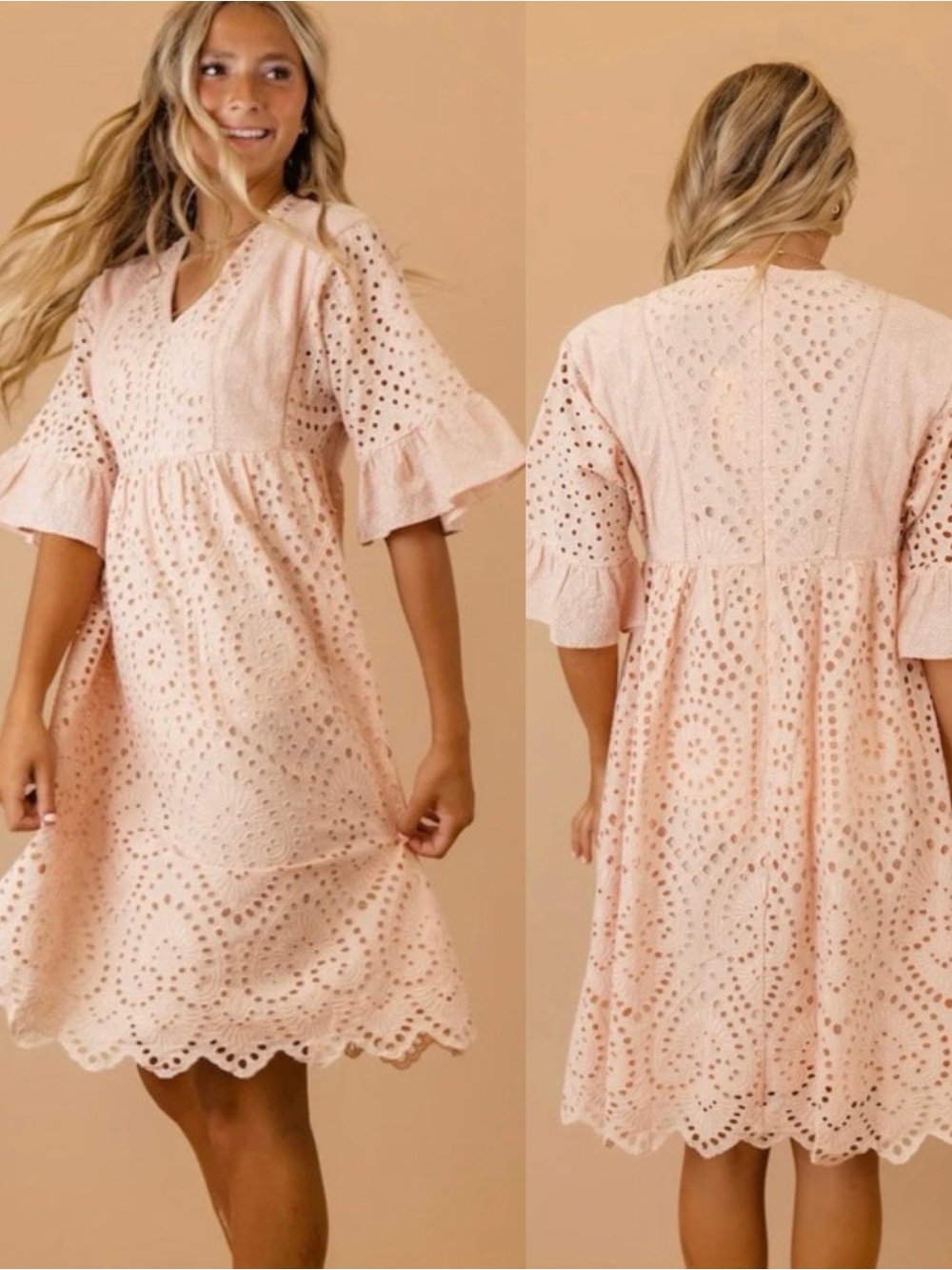 Light Blush Pink Eyelet V-Neck Midi Modest Wedding Bridesmaid Dress